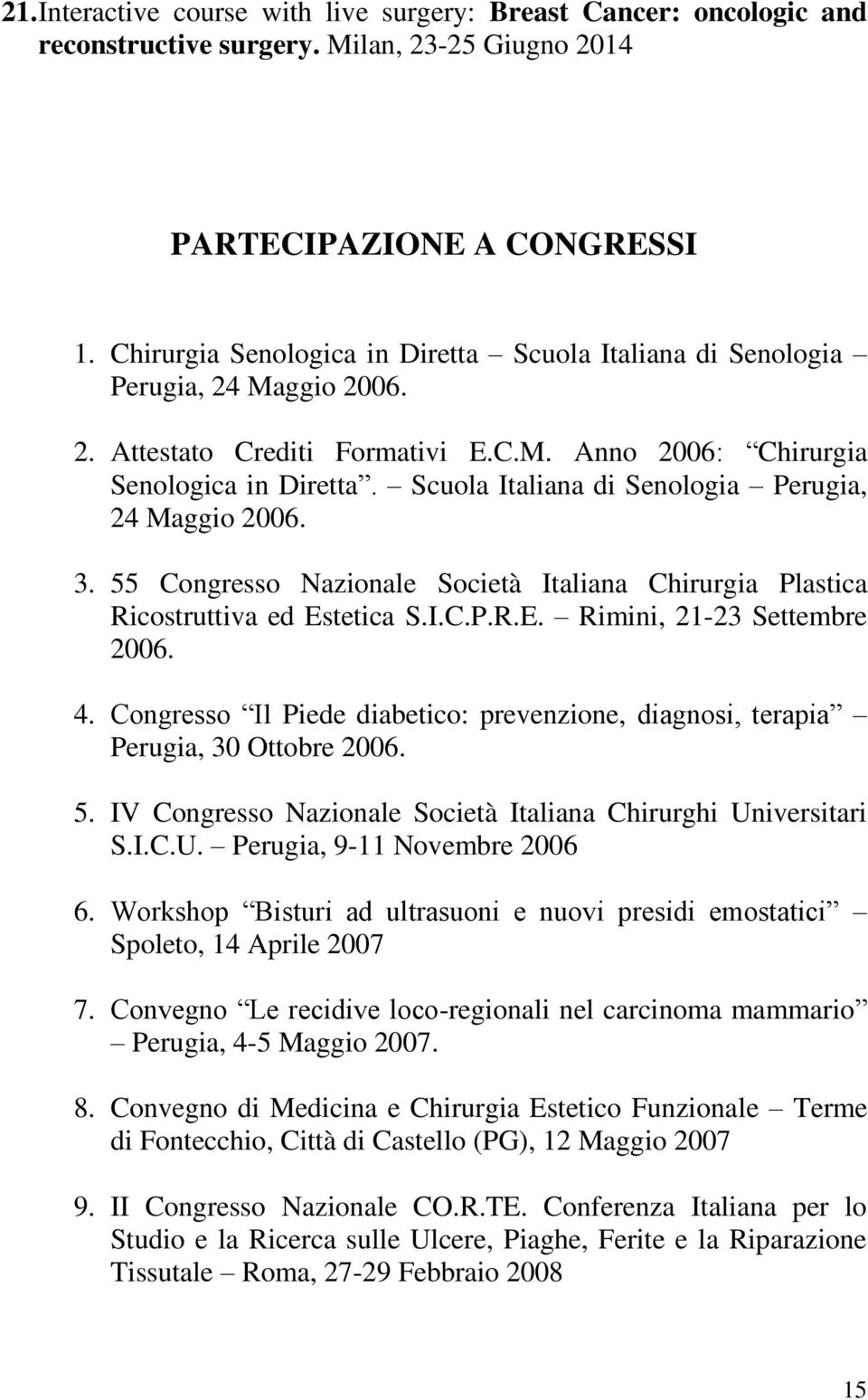 Scuola Italiana di Senologia Perugia, 24 Maggio 2006. 3. 55 Congresso Nazionale Società Italiana Chirurgia Plastica Ricostruttiva ed Estetica S.I.C.P.R.E. Rimini, 21-23 Settembre 2006. 4.