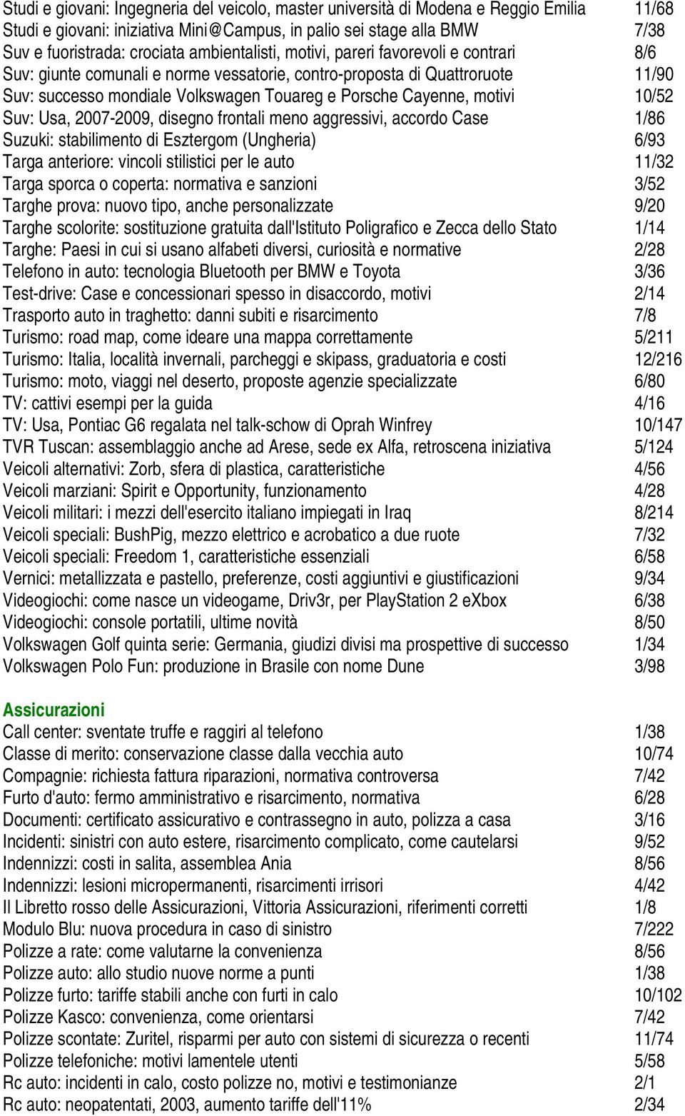 motivi 10/52 Suv: Usa, 2007-2009, disegno frontali meno aggressivi, accordo Case 1/86 Suzuki: stabilimento di Esztergom (Ungheria) 6/93 Targa anteriore: vincoli stilistici per le auto 11/32 Targa