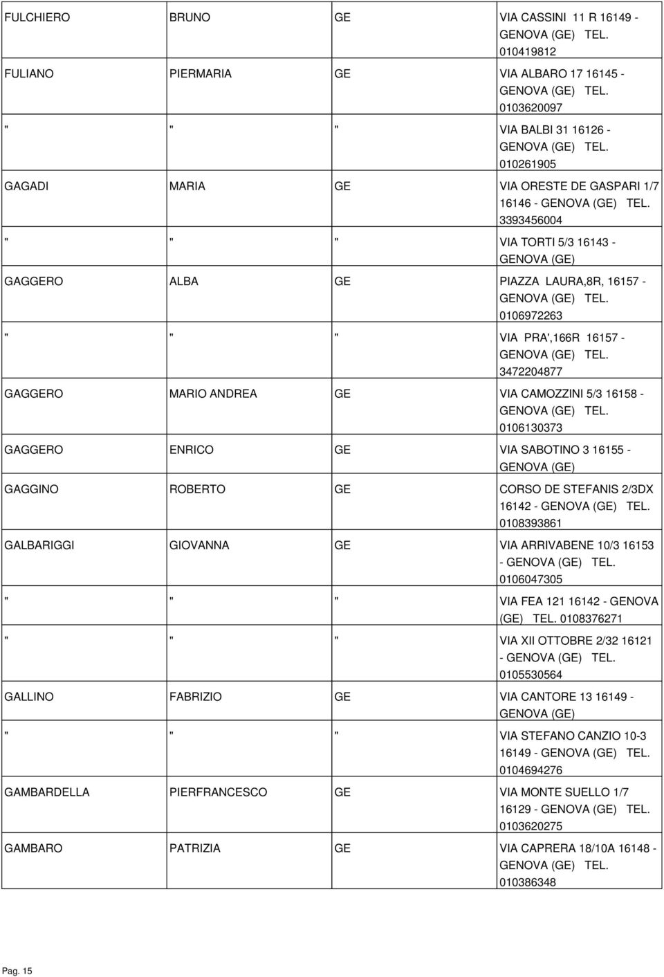 SABOTINO 3 16155 - GAGGINO ROBERTO GE CORSO DE STEFANIS 2/3DX 16142-0108393861 GALBARIGGI GIOVANNA GE VIA ARRIVABENE 10/3 16153-0106047305 " " " VIA FEA 121 16142 - GENOVA (GE) TEL.