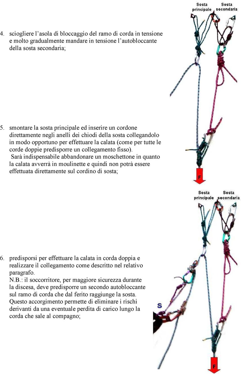 predisporre un collegamento fisso). Sarà indispensabile abbandonare un moschettone in quanto la calata avverrà in moulinette e quindi non potrà essere effettuata direttamente sul cordino di sosta; 6.