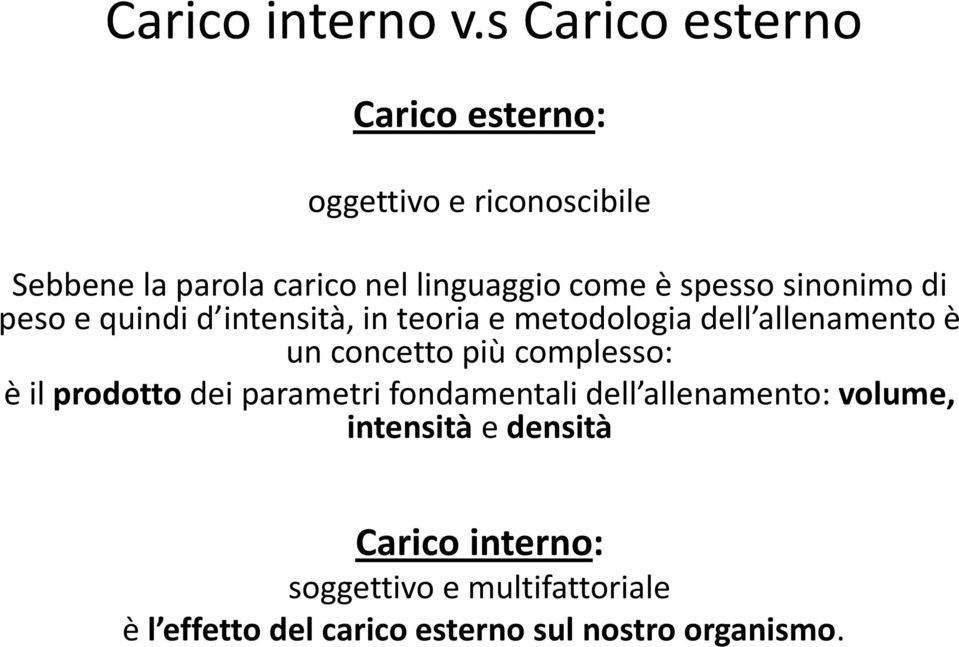 spesso sinonimo di peso e quindi d intensità, in teoria e metodologia dell allenamento è un concetto più