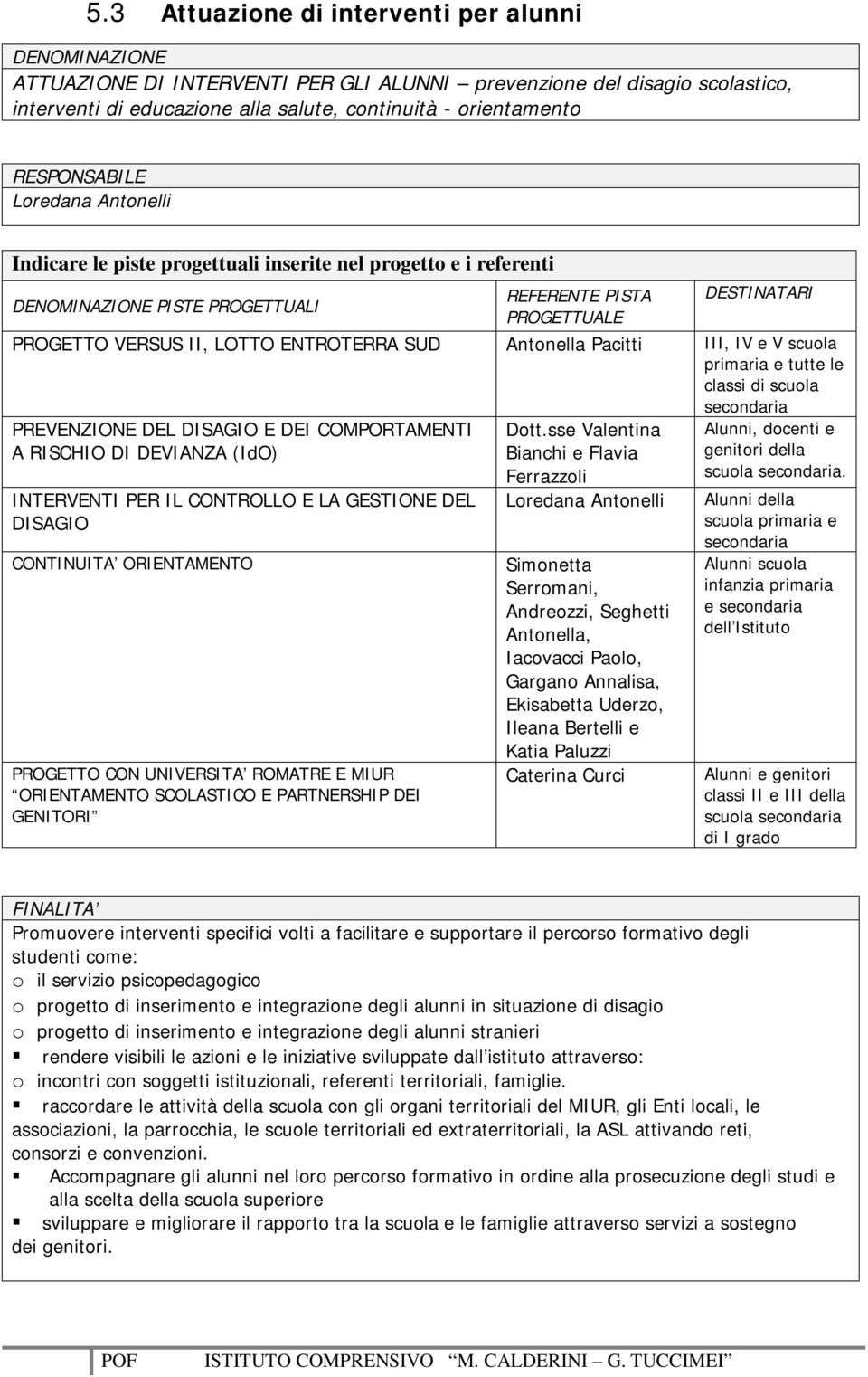 e tutte le classi di scuola PREVENZIONE DEL DISAGIO E DEI COMPORTAMENTI A RISCHIO DI DEVIANZA (IdO) INTERVENTI PER IL CONTROLLO E LA GESTIONE DEL DISAGIO CONTINUITA ORIENTAMENTO PROGETTO CON