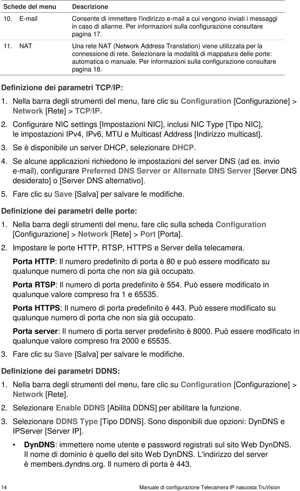 Per informazioni sulla configurazione consultare pagina 18. Definizione dei parametri TCP/IP: Network [Rete] > TCP/IP. 2.