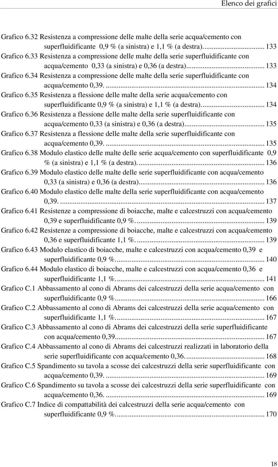 34 Resistenza a compressione delle malte della serie superfluidificante con acqua/cemento 0,39.... 134 Grafico 6.