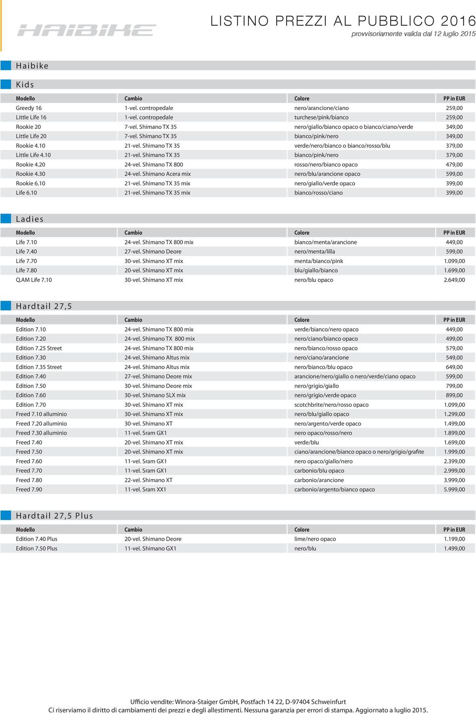 Shimano TX 35 verde/nero/bianco o bianco/rosso/blu 379,00 Little Life 4.10 21-vel. Shimano TX 35 bianco/pink/nero 379,00 Rookie 4.20 24-vel. Shimano TX 800 rosso/nero/bianco opaco 479,00 Rookie 4.