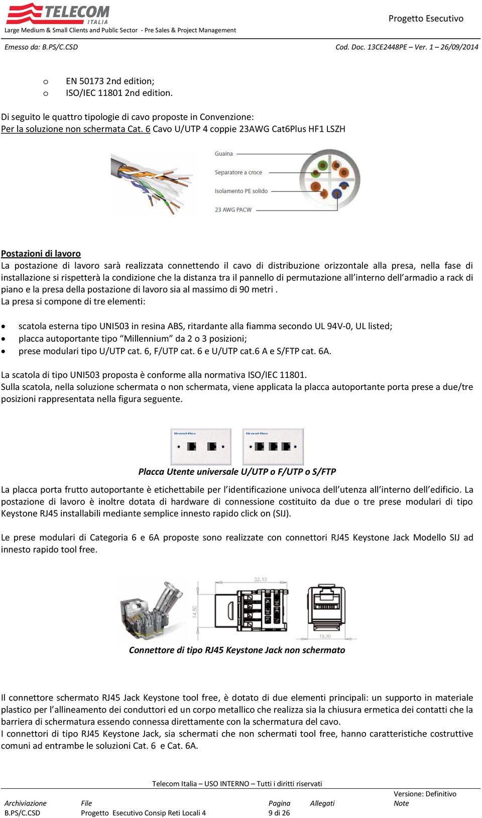 rispetterà la condizione che la distanza tra il pannello di permutazione all interno dell armadio a rack di piano e la presa della postazione di lavoro sia al massimo di 90 metri.