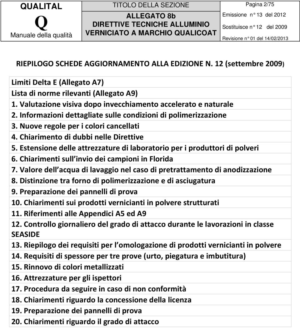 Informazioni dettagliate sulle condizioni di polimerizzazione 3. Nuove regole per i colori cancellati 4. Chiarimento di dubbi nelle Direttive 5.