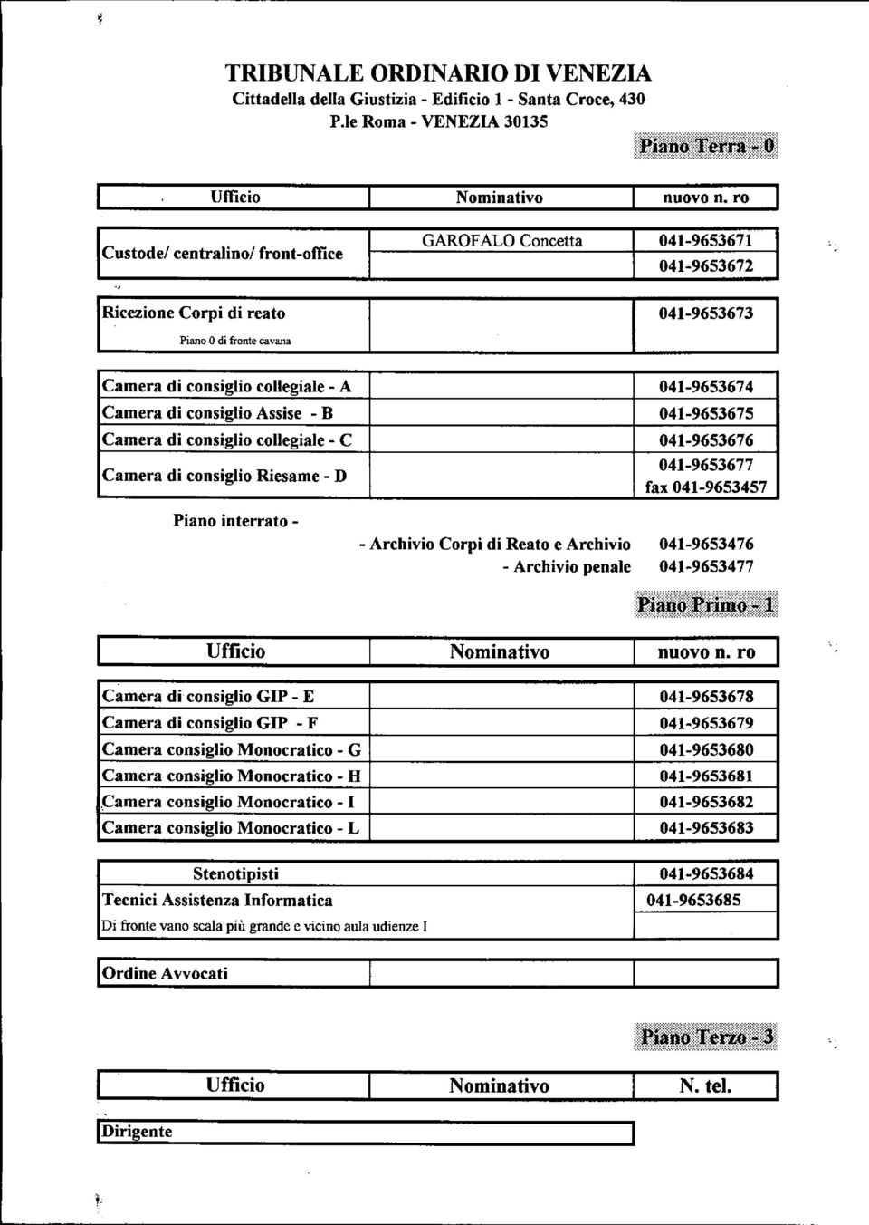 041-9653675 Camera di consiglio collegiale - C 041-9653676 Camera di consiglio Riesame - D 041-9653677 fax 041-9653457 Piano interrato - - Archivio Corpi di Reato e Archivio - Archivio penale