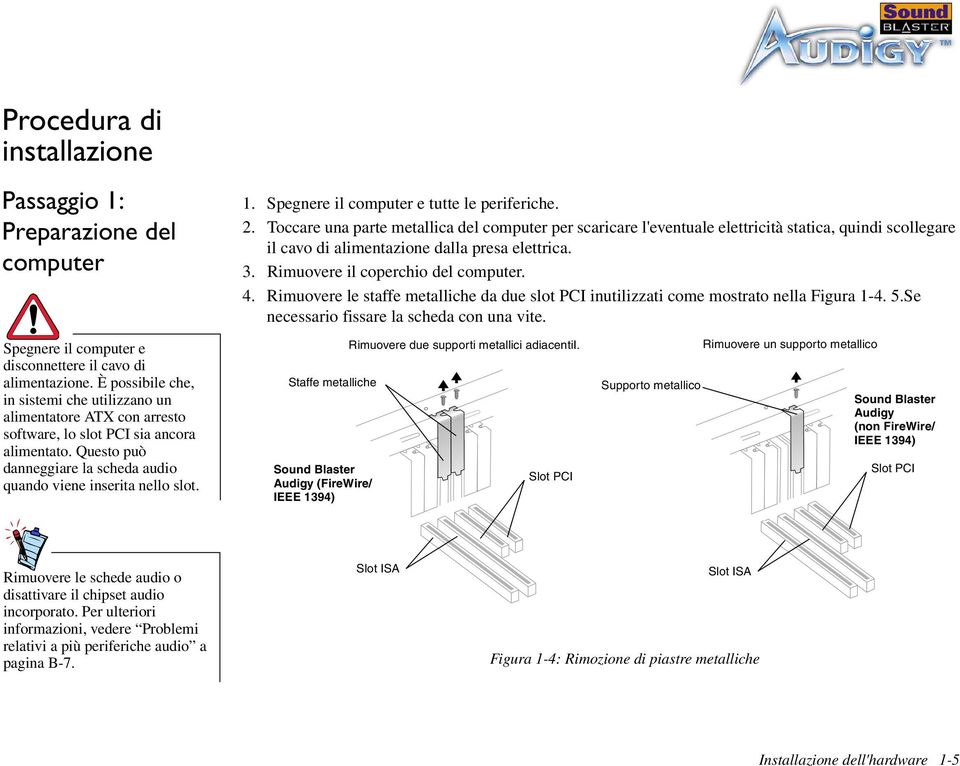 Rimuovere le staffe metalliche da due slot PCI inutilizzati come mostrato nella Figura 1-4. 5.Se necessario fissare la scheda con una vite.