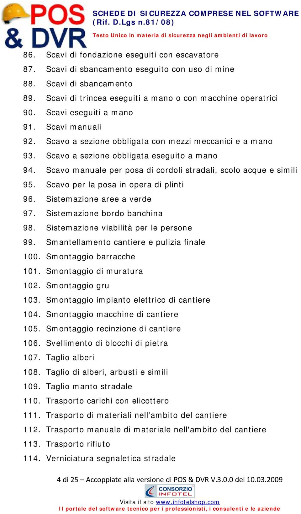 Scavo manuale per posa di cordoli stradali, scolo acque e simili 95. Scavo per la posa in opera di plinti 96. Sistemazione aree a verde 97. Sistemazione bordo banchina 98.