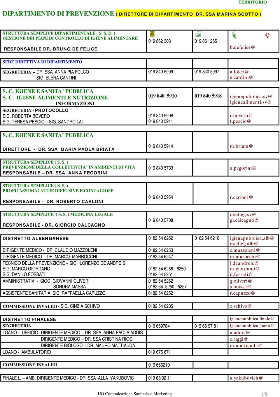 ROBERTA BOVERO SIG. TERESA PESCIO SIG. SANDRO LAI 019 840 5909 019 840 5997 a.folco e.cantini 019 840 5910 019 840 5918 igienepubblica.sv igienealimenti.sv 019 840 5908 019 840 5911 r.bovero t.