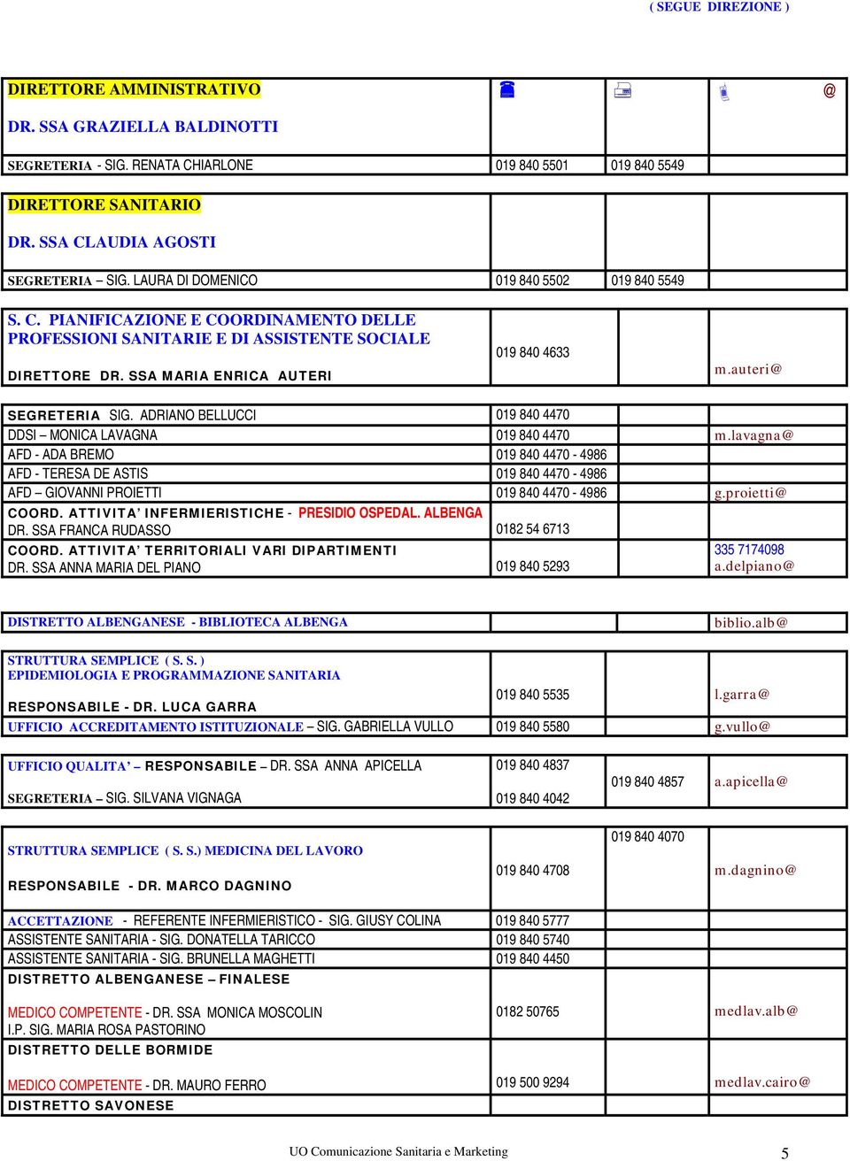 auteri SEGRETERIA SIG. ADRIANO BELLUCCI 019 840 4470 DDSI MONICA LAVAGNA 019 840 4470 m.