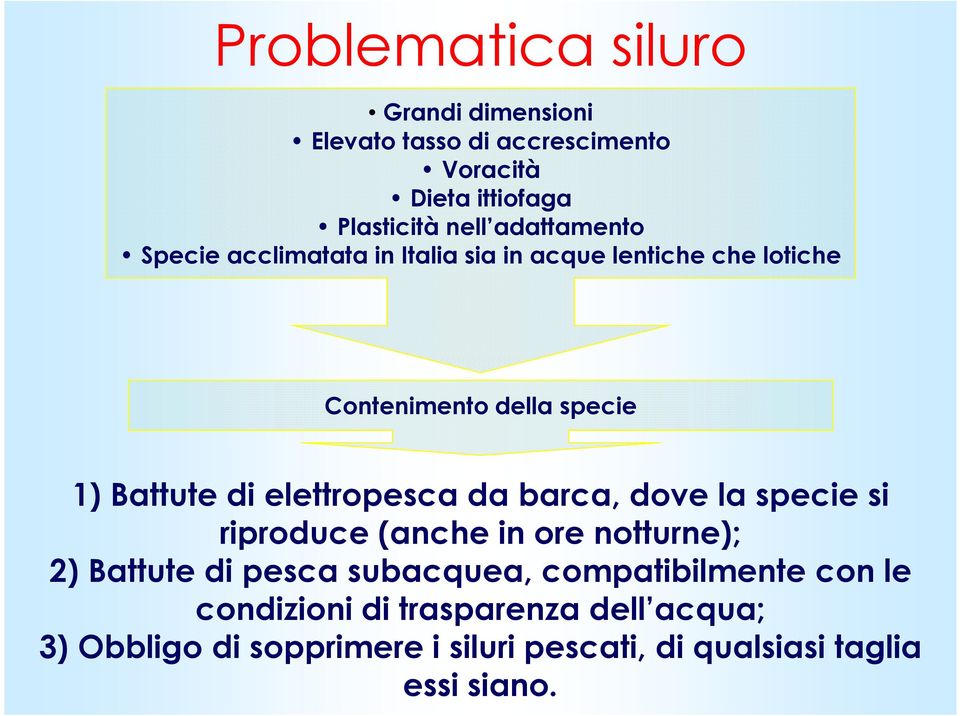 elettropesca da barca, dove la specie si riproduce (anche in ore notturne); 2) Battute di pesca subacquea,