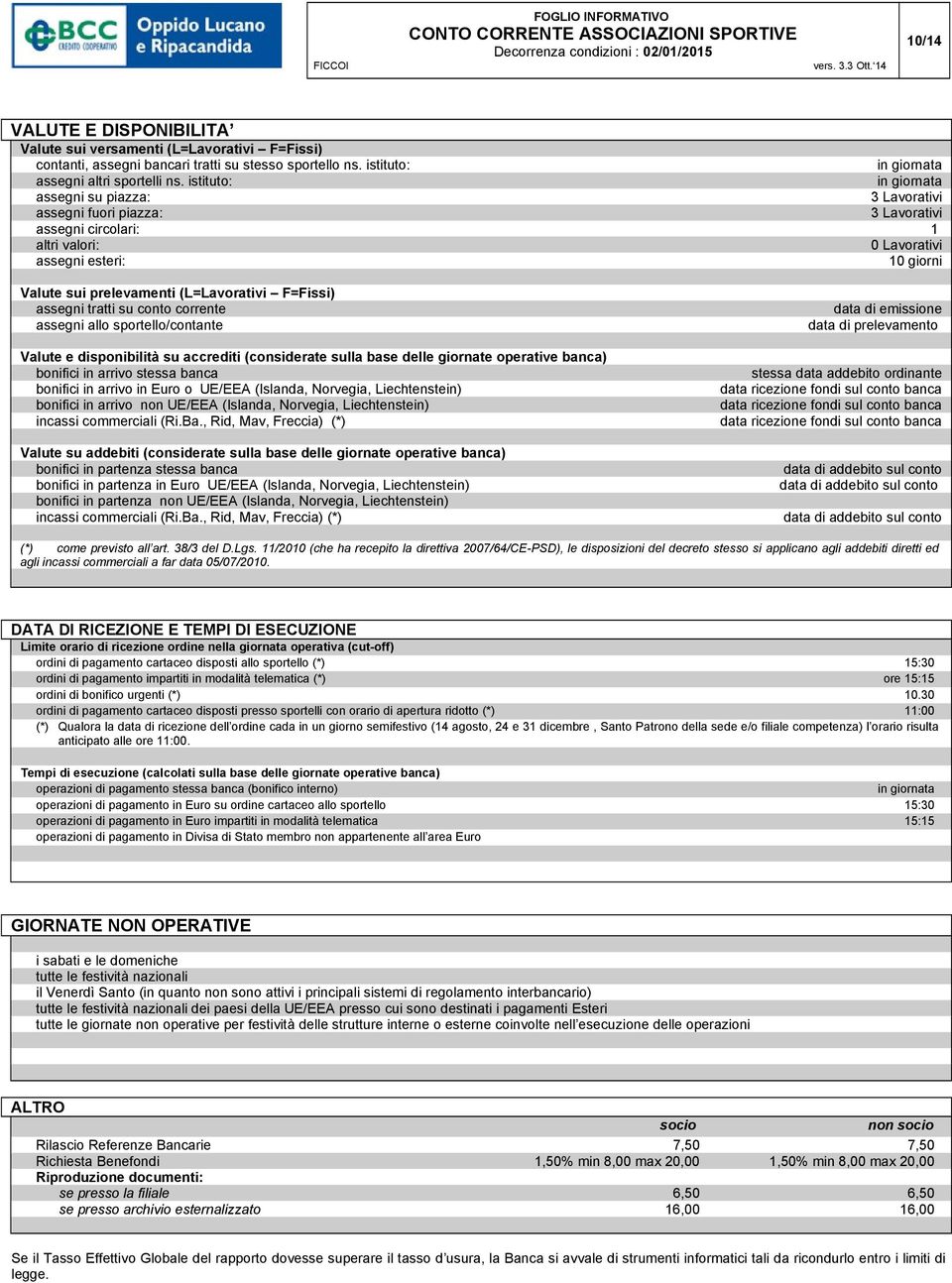 (L=Lavorativi F=Fissi) assegni tratti su conto corrente assegni allo sportello/contante Valute e disponibilità su accrediti (considerate sulla base delle giornate operative banca) bonifici in arrivo