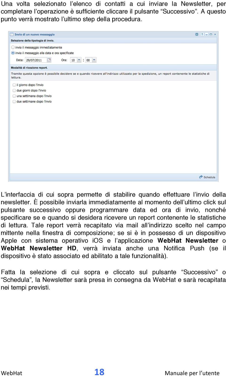 È possibile inviarla immediatamente al momento dell ultimo click sul pulsante successivo oppure programmare data ed ora di invio, nonché specificare se e quando si desidera ricevere un report