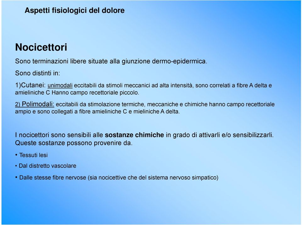 2) Polimodali: eccitabili da stimolazione termiche, meccaniche e chimiche hanno campo recettoriale ampio e sono collegati a fibre amieliniche C e mieliniche A delta.