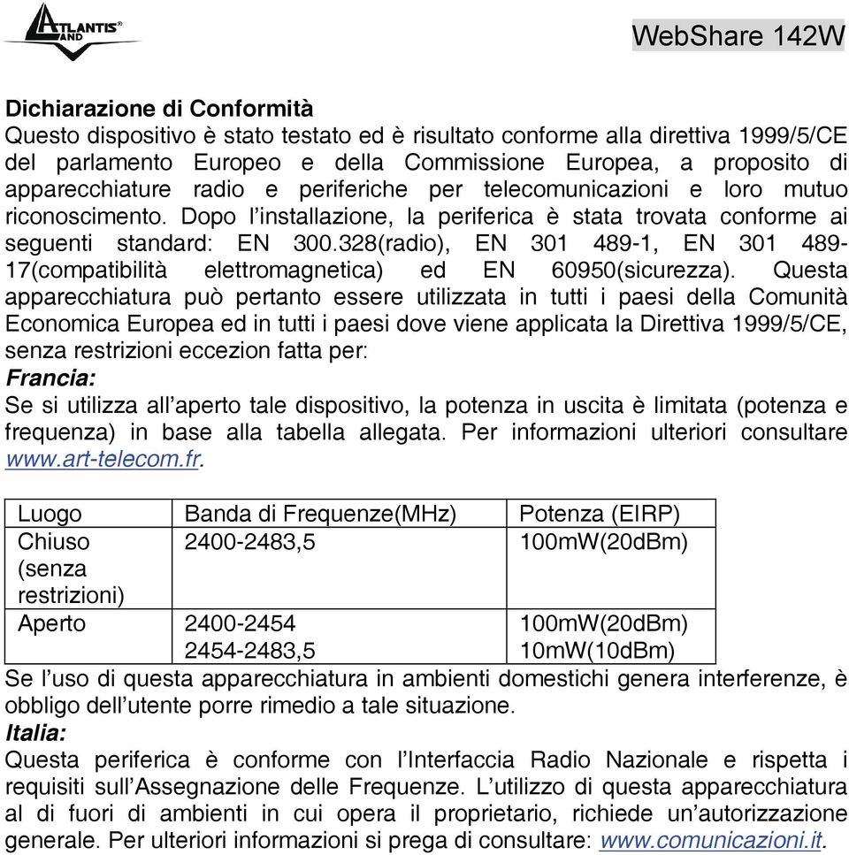 328(radio), EN 301 489-1, EN 301 489-17(compatibilità elettromagnetica) ed EN 60950(sicurezza).