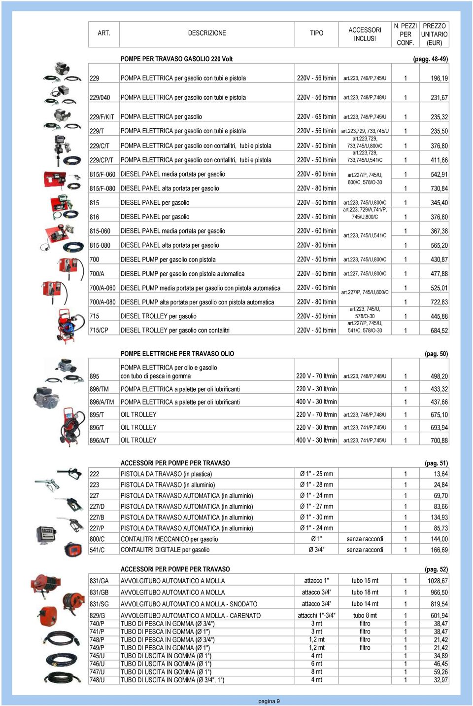 223, 749/P,745/U 1 235,32 229/T POMPA ELETTRICA per gasolio con tubi e pistola 220V - 56 lt/min art.