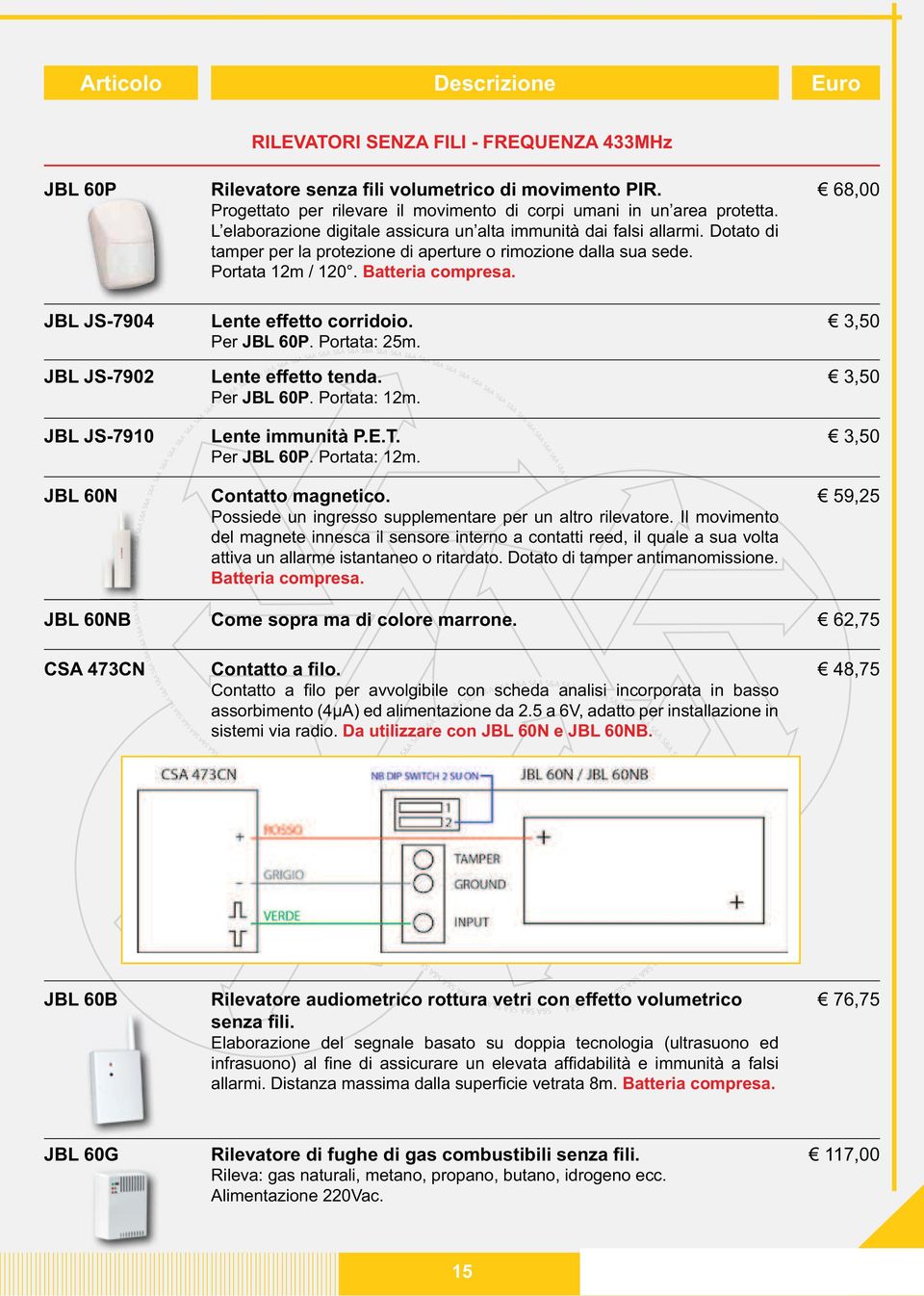 Lente effetto corridoio. Per JBL 60P. Portata: 25m. Lente effetto tenda. Per JBL 60P. Portata: 12m. Per JBL 60P. Portata: 12m. 68,00 3,50 3,50 3,50 JBL 60N S&A S&A S& S&A S&A S&A S&A S&A S Contatto magnetico.