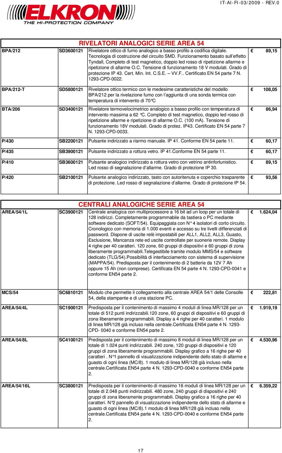 Grado di protezione IP 43. Cert. Min. Int. C.S.E. VV.F.. Certificato EN 54 parte 7 N. 1293-CPD-0022.