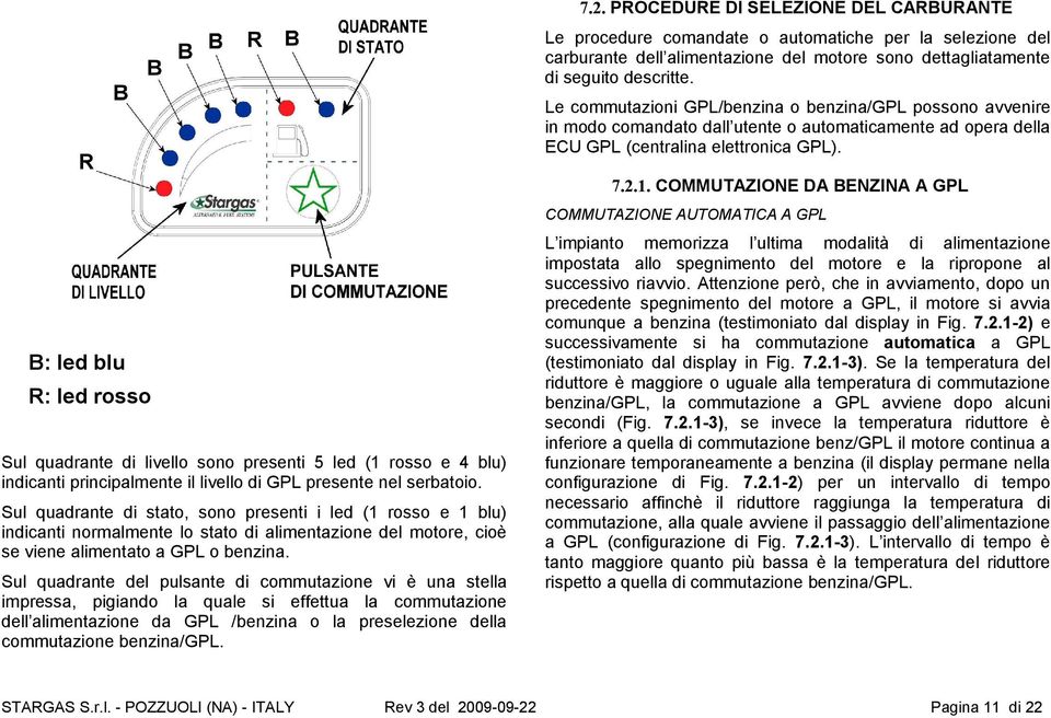 B: led blu R: led rosso Sul quadrante di livello sono presenti 5 led (1 rosso e 4 blu) indicanti principalmente il livello di GPL presente nel serbatoio.