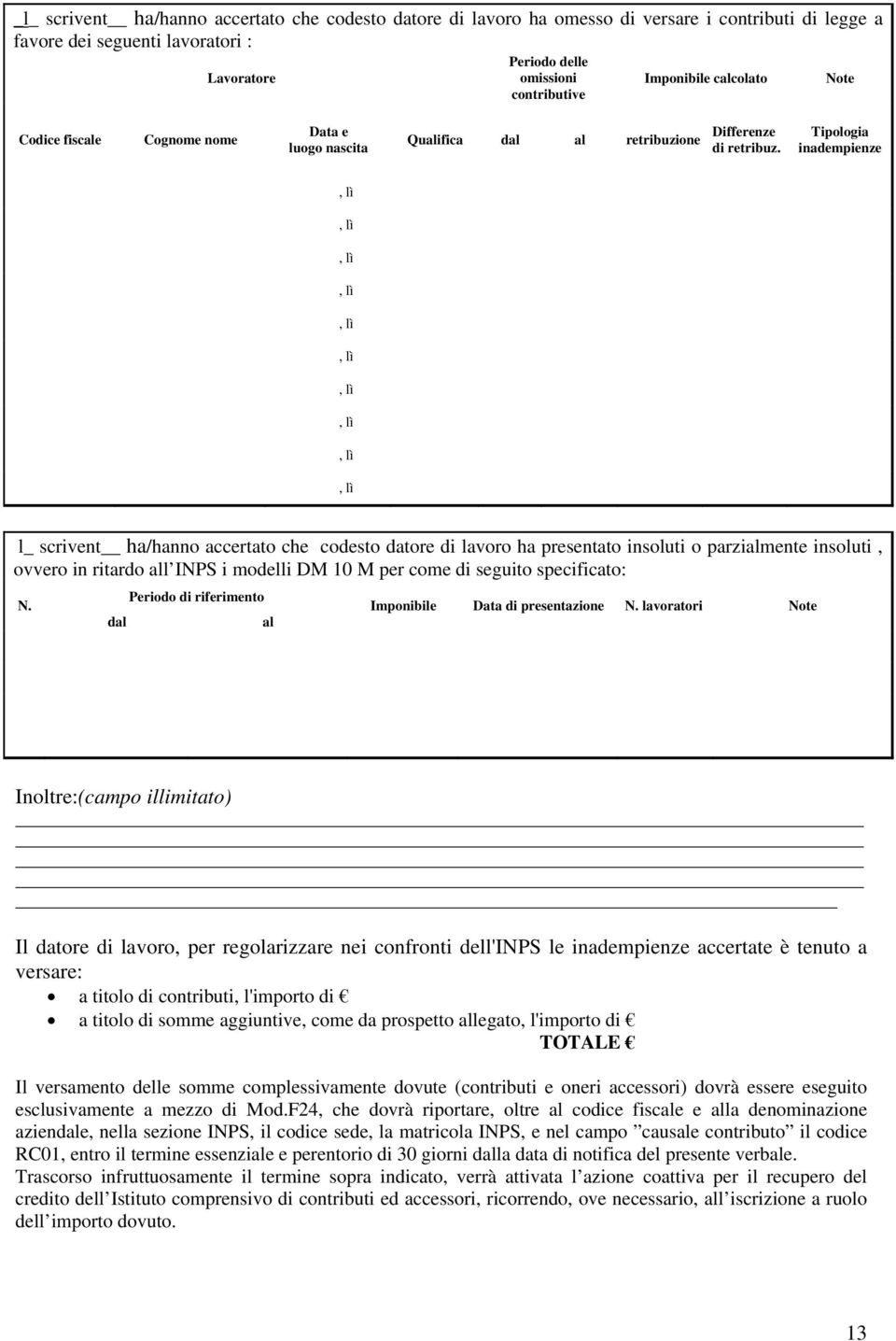 Tipologia inadempienze l_ scrivent ha/hanno accertato che codesto datore di lavoro ha presentato insoluti o parzialmente insoluti, ovvero in ritardo all INPS i modelli DM 10 M per come di seguito