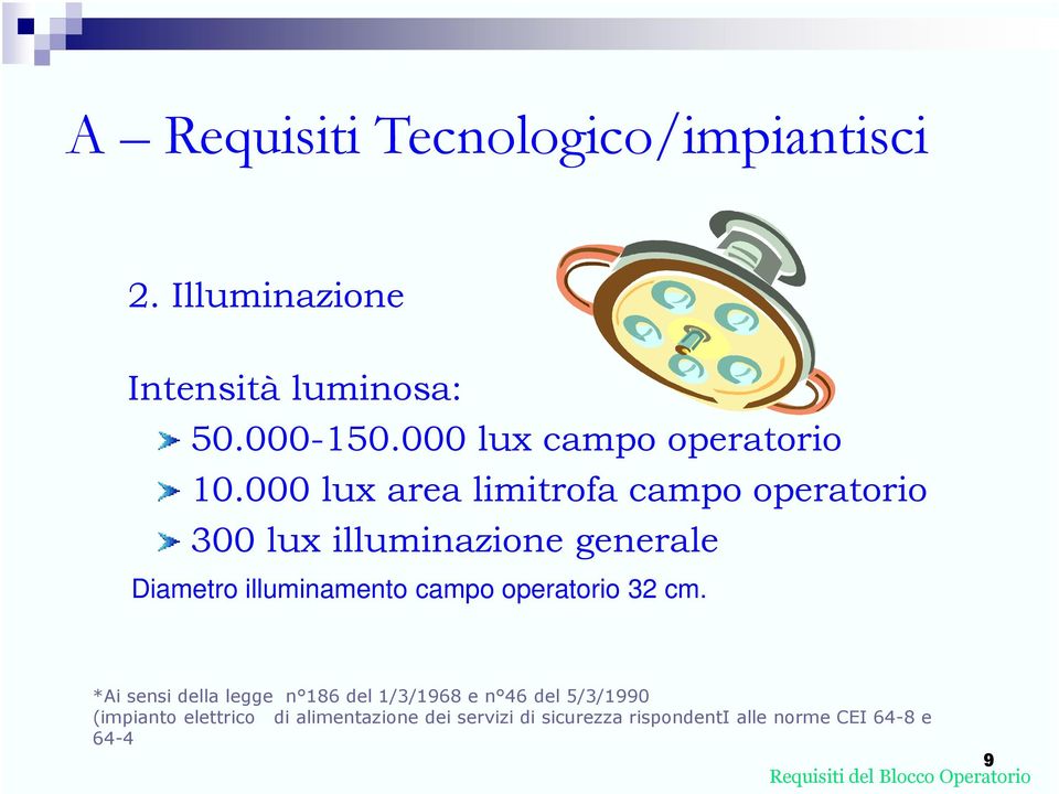 000 lux area limitrofa campo operatorio 300 lux illuminazione generale Diametro illuminamento