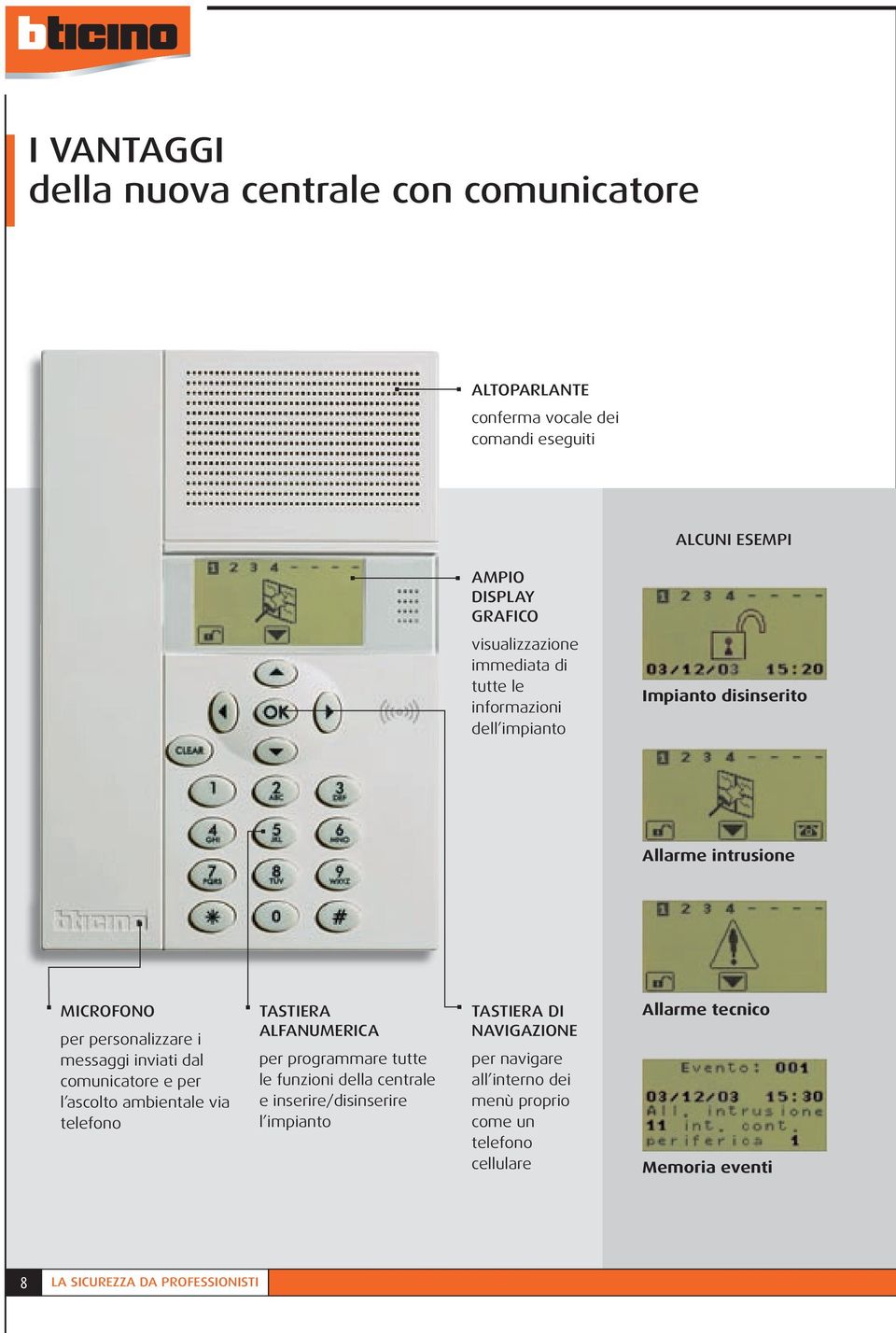 comunicatore e per l ascolto ambientale via telefono TASTIERA ALFANUMERICA per programmare tutte le funzioni della centrale e inserire/disinserire l