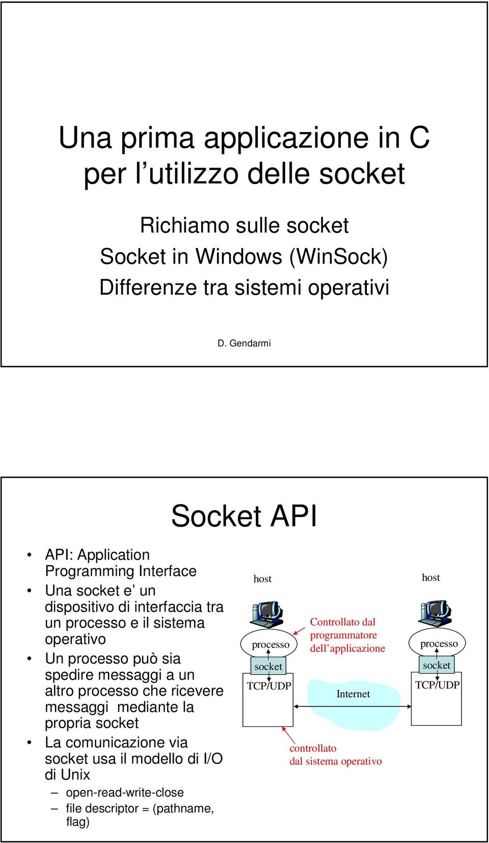 spedire messaggi a un altro processo che ricevere messaggi mediante la propria socket La comunicazione via socket usa il modello di I/O di Unix