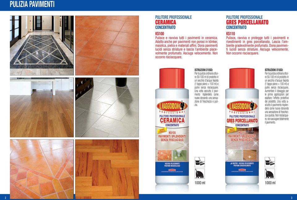 PULITORE PROFESSIONALE GRES PORCELLANATO KS110 Pulisce, ravviva e protegge tutti i pavimenti e rivestimenti in gres porcellanato. Lascia l ambiente gradevolmente profumato.