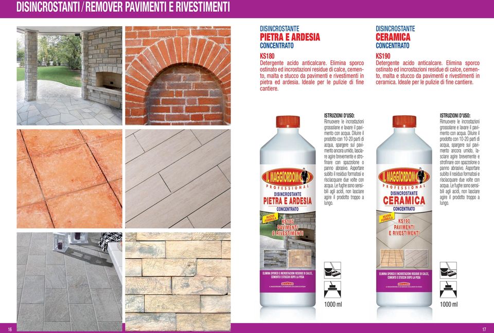 DISINCROSTANTE CERAMICA KS190 Detergente acido anticalcare. Elimina sporco ostinato ed incrostazioni residue di calce, cemento, malta e stucco da pavimenti e rivestimenti in ceramica.