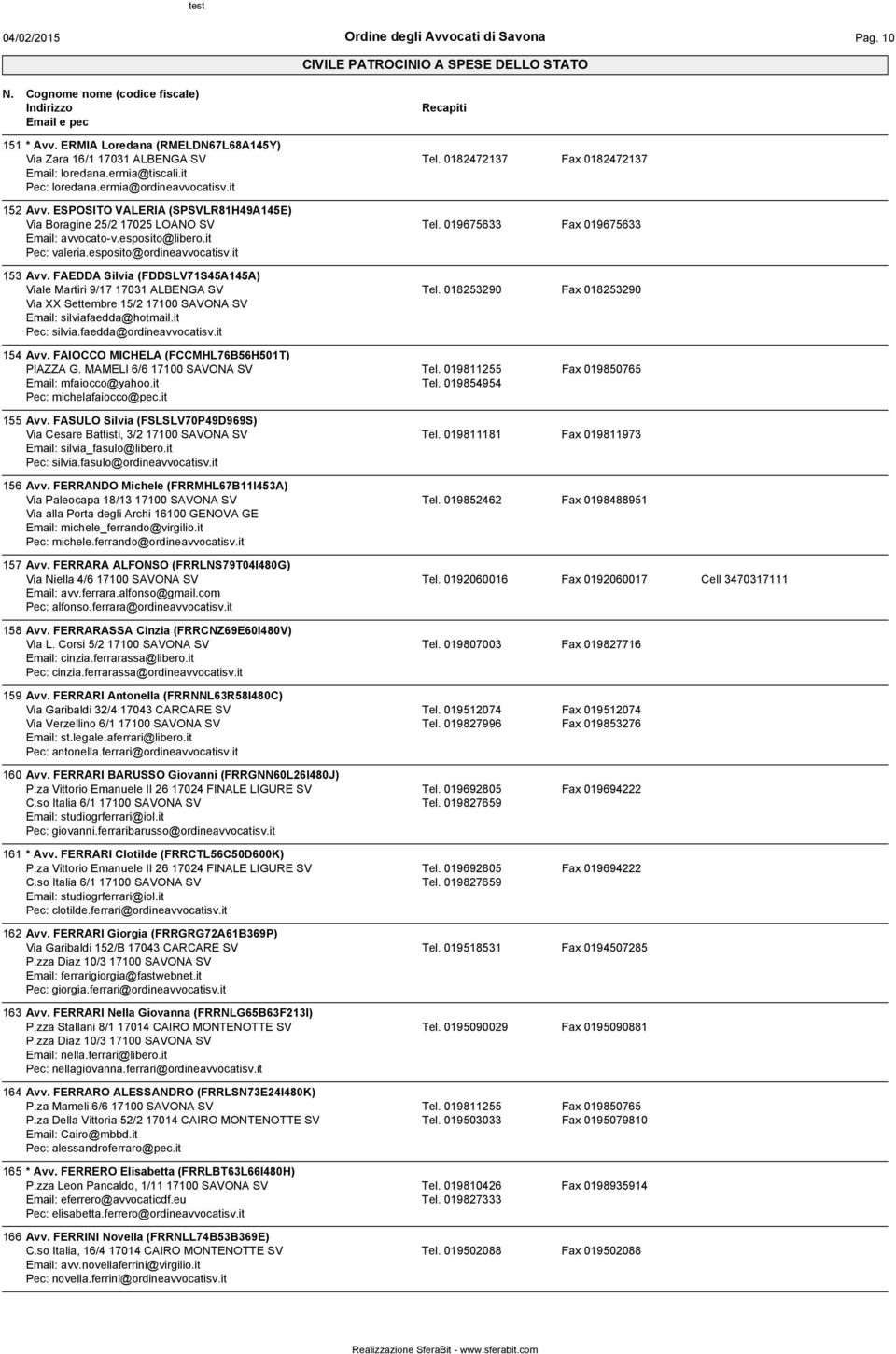 FAEDDA Silvia (FDDSLV71S45A145A) Viale Martiri 9/17 17031 ALBENGA SV Via XX Settembre 15/2 17100 SAVONA SV Email: silviafaedda@hotmail.it Pec: silvia.faedda@ordineavvocatisv.it Tel.