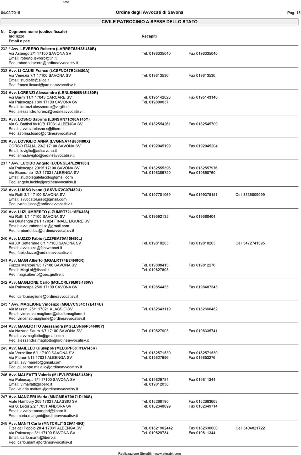 LORENZI Alessandro (LRNLSN69B18I480R) Via Barrili 11/4 17043 CARCARE SV Via Paleocapa 18/9 17100 SAVONA SV Email: lorenzi.alessandro@virgilio.it Pec: alessandro.lorenzi@ordineavvocatisv.it Tel.