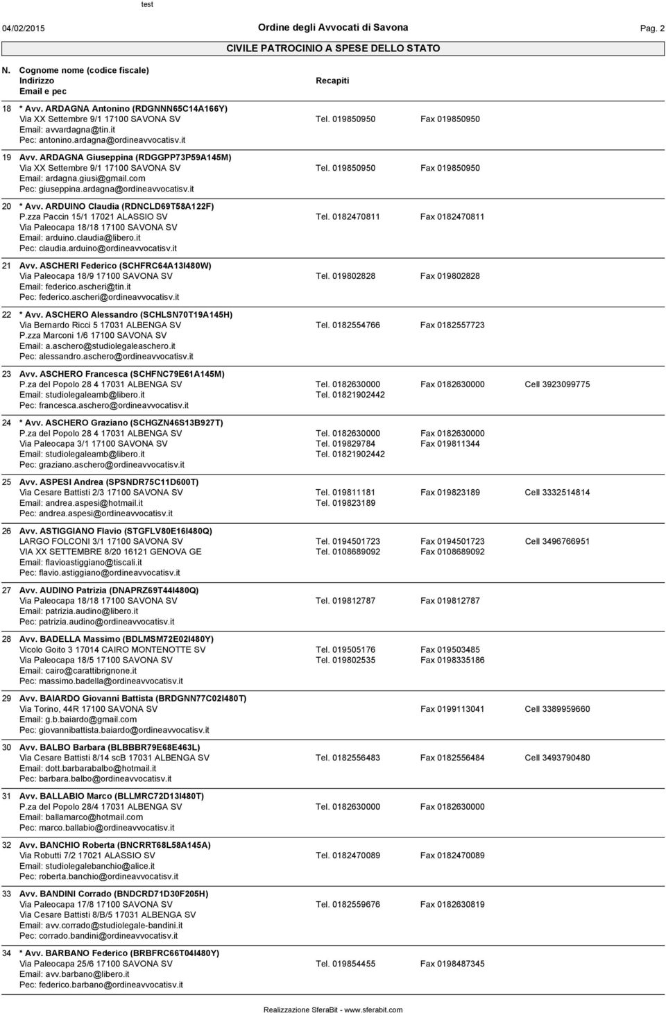ARDUINO Claudia (RDNCLD69T58A122F) P.zza Paccin 15/1 17021 ALASSIO SV Via Paleocapa 18/18 17100 SAVONA SV Email: arduino.claudia@libero.it Pec: claudia.arduino@ordineavvocatisv.it Tel.