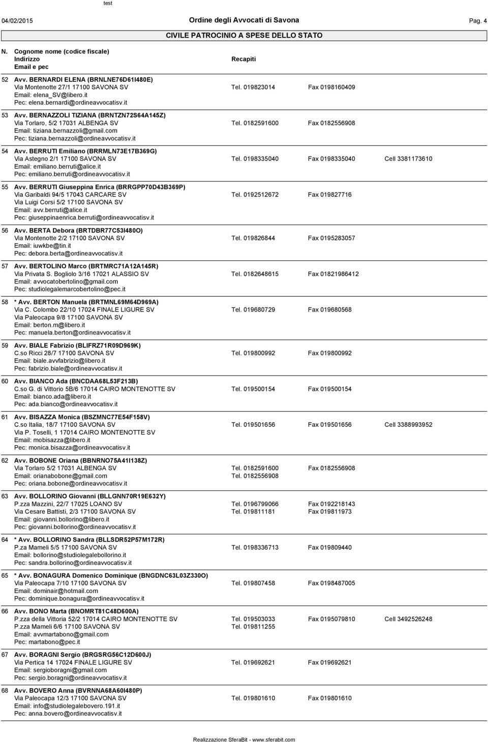 BERRUTI Emiliano (BRRMLN73E17B369G) Via Astegno 2/1 17100 SAVONA SV Tel. 0198335040 Fax 0198335040 Cell 3381173610 Email: emiliano.berruti@alice.it Pec: emiliano.berruti@ordineavvocatisv.it 55 Avv.