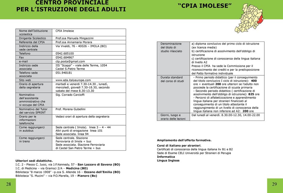 per le informazioni telefoniche in autobus in treno Prof.ssa Manuela Mingazzini Prof.ssa Annamaria Morara Via Vivaldi, 76-40026 IMOLA (BO) ctp.posta@gmail.