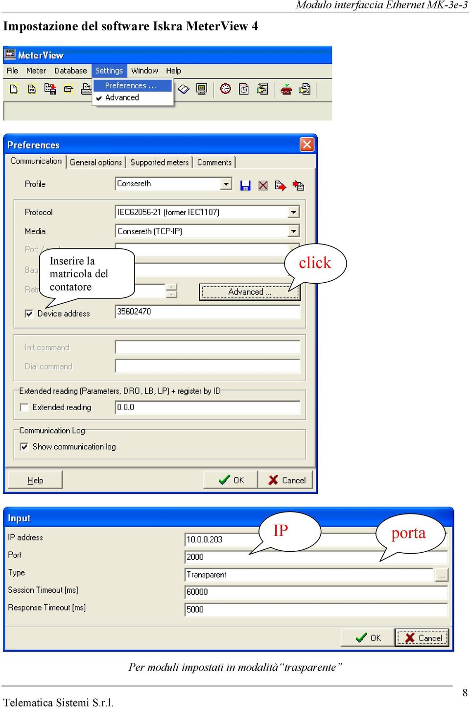 la matricola del contatore click IP porta