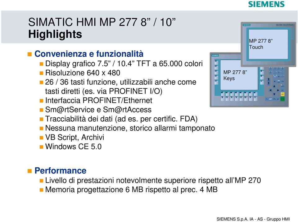 via PROFINET I/O) Interfaccia PROFINET/Ethernet Sm@rtService e Sm@rtAccess Tracciabilità dei dati (ad es. per certific.