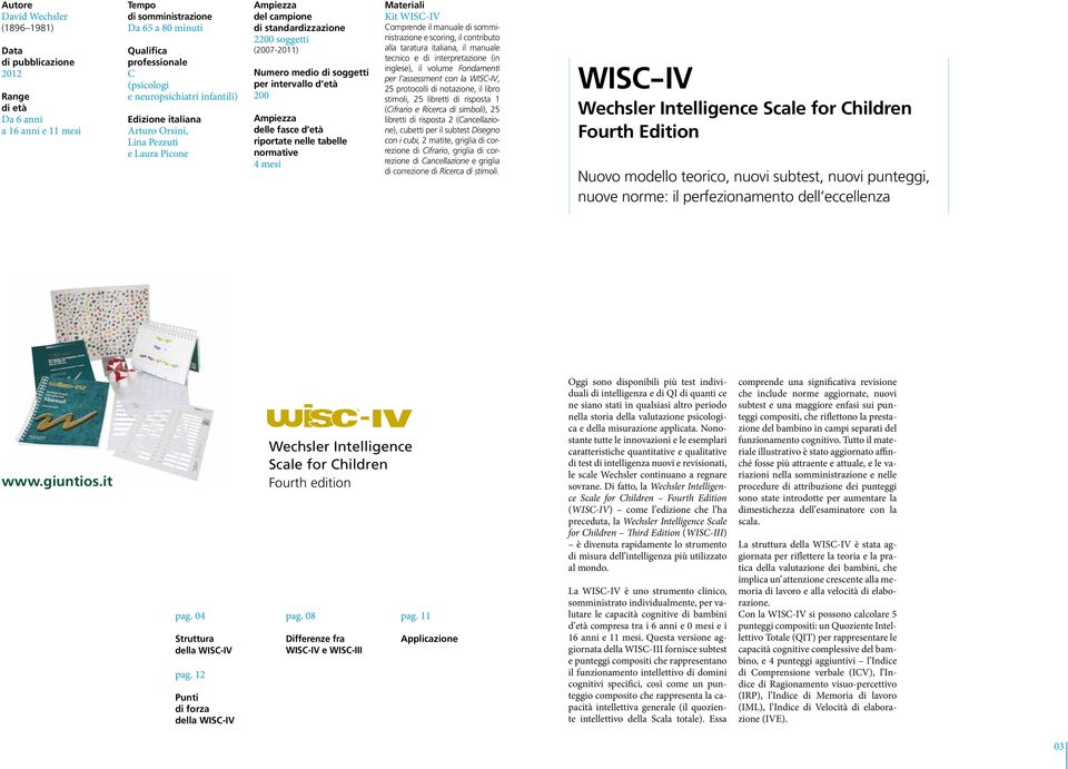 età 200 Ampiezza delle fasce d età riportate nelle tabelle normative 4 mesi Materiali Kit WISC-IV Comprende il manuale di somministrazione e scoring, il contributo alla taratura italiana, il manuale