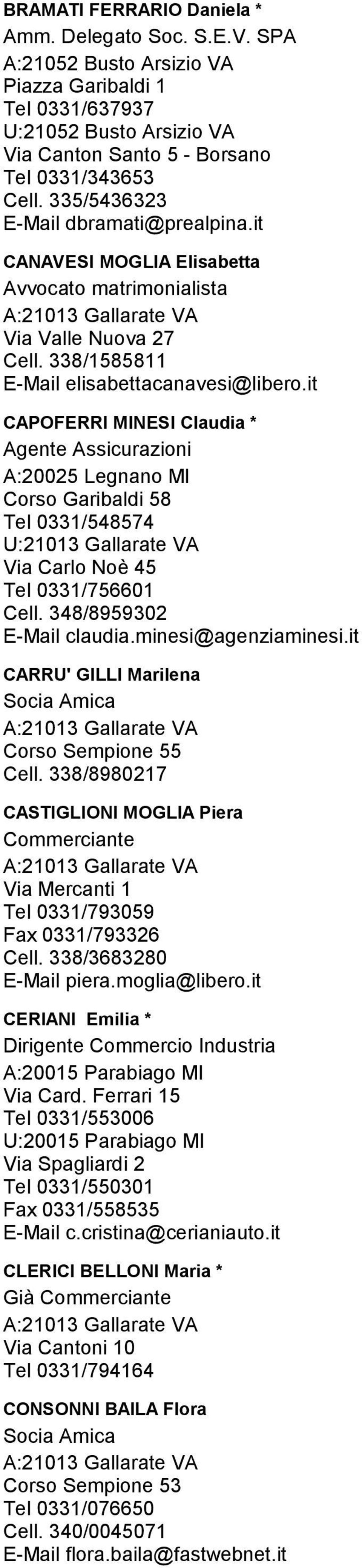 it CAPOFERRI MINESI Claudia * Agente Assicurazioni Corso Garibaldi 58 Tel 0331/548574 Via Carlo Noè 45 Tel 0331/756601 Cell. 348/8959302 E-Mail claudia.minesi@agenziaminesi.