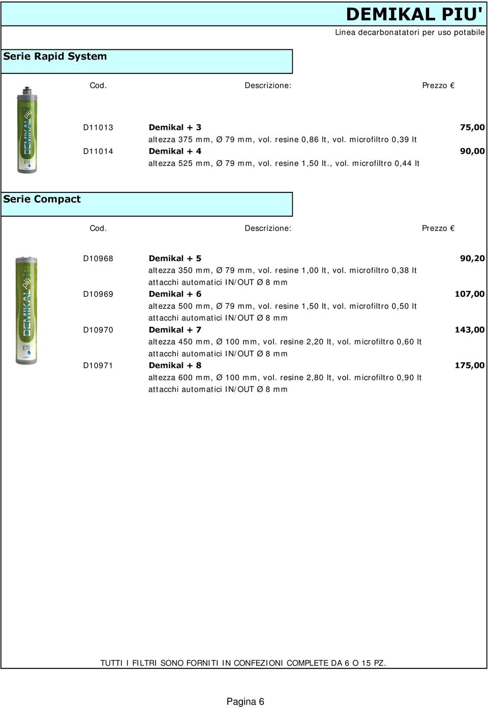 resine 1,00 lt, vol. microfiltro 0,38 lt D10969 Demikal + 6 107,00 altezza 500 mm, Ø 79 mm, vol. resine 1,50 lt, vol.