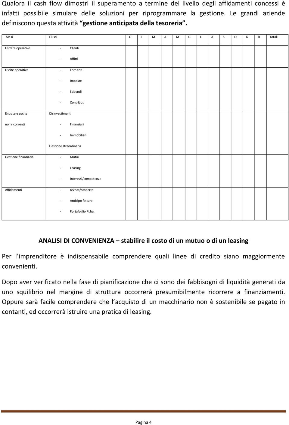 Mesi Flussi G F M A M G L A S O N D Totali Entrate operative - Clienti - Affitti Uscite operative - Fornitori - Imposte - Stipendi - Contributi Entrate e uscite Disinvestimenti non ricorrenti -