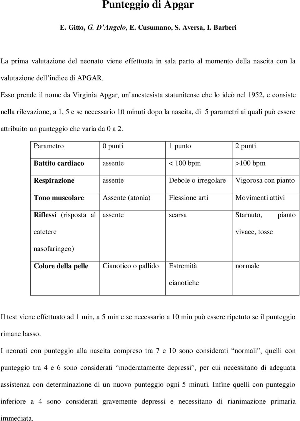 Esso prende il nome da Virginia Apgar, un anestesista statunitense che lo ideò nel 1952, e consiste nella rilevazione, a 1, 5 e se necessario 10 minuti dopo la nascita, di 5 parametri ai quali può