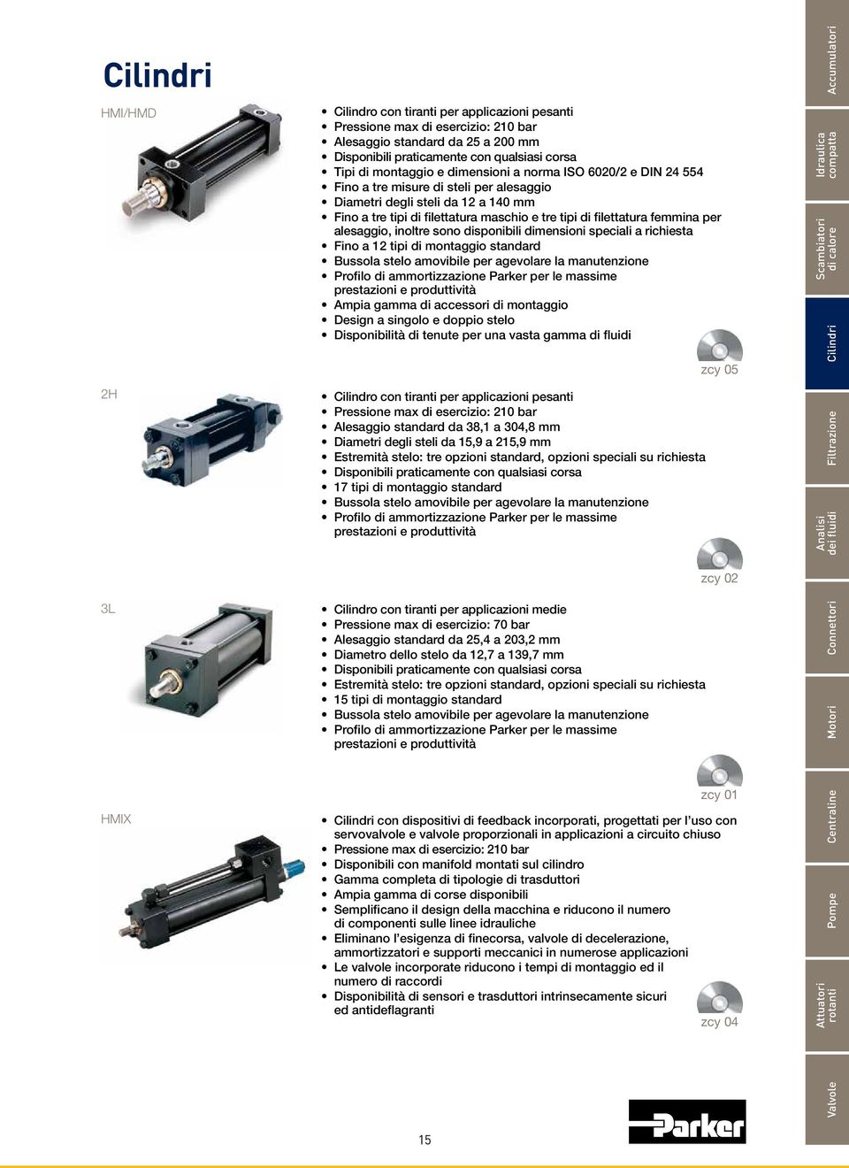 alesaggio, inoltre sono disponibili dimensioni speciali a richiesta Fino a 12 tipi di montaggio standard Bussola stelo amovibile per agevolare la manutenzione Profilo di ammortizzazione Parker per le