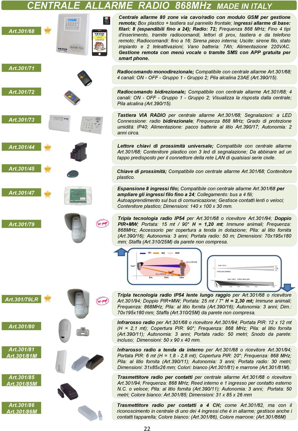 filari: 8 (espandibili fino a 24); Radio: 72; Frequenza 868 MHz; Fino 4 tipi d inserimento, tramite radiocomandi, lettori di prox, tastiera e da telefono remoto; Radiocomandi: fino a 16; Sirena piezo