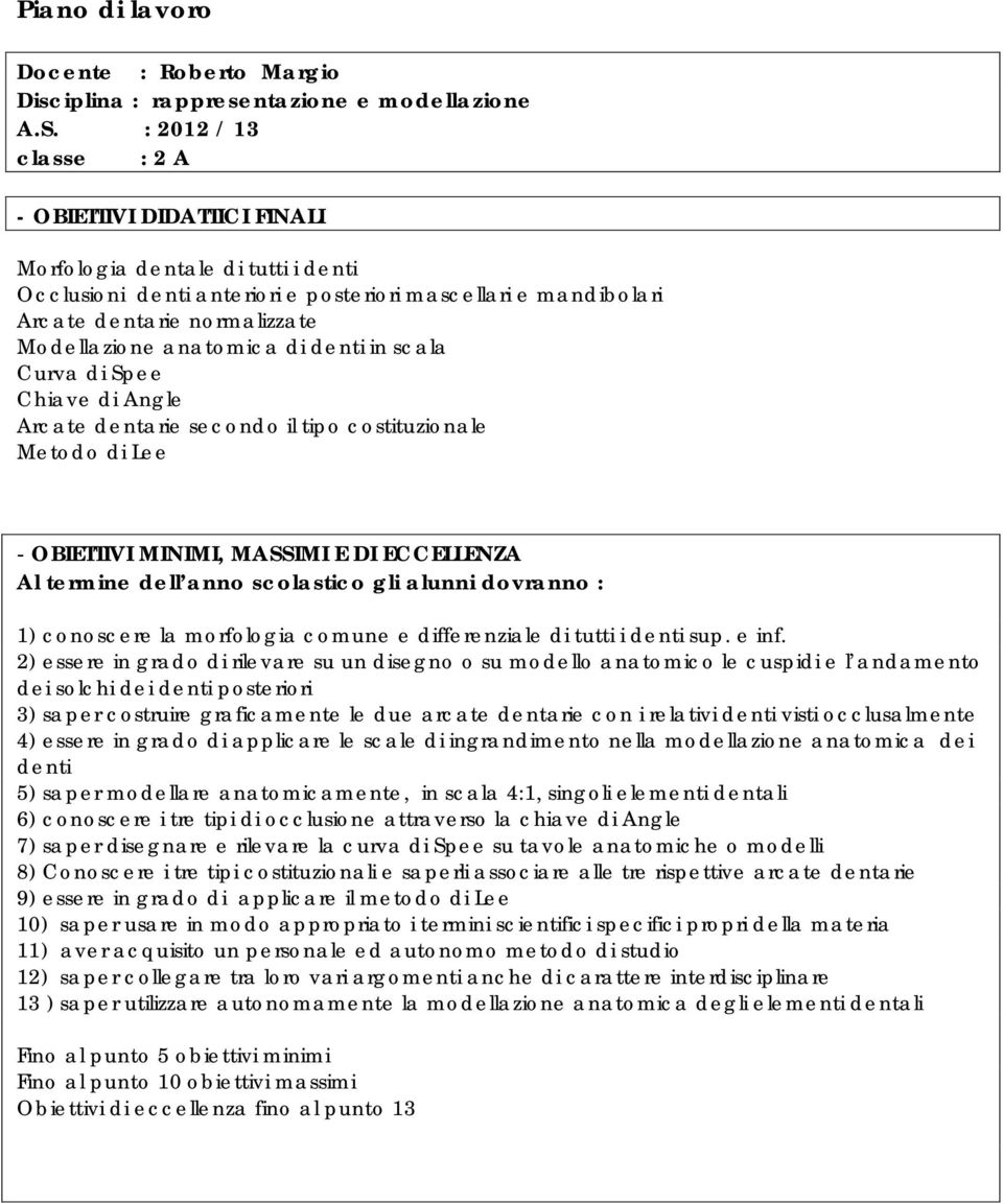 anatomica di denti in scala Curva di Spee Chiave di Angle Arcate dentarie secondo il tipo costituzionale Metodo di Lee - OBIETTIVI MINIMI, MASSIMI E DI ECCELLENZA Al termine dell anno scolastico gli