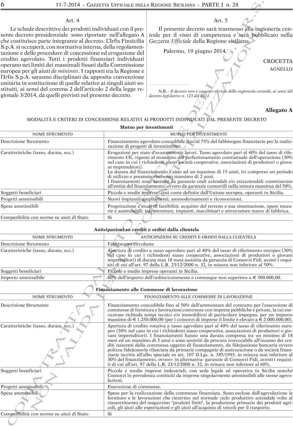 che costituisce parte integrante al decreto. L Irfis Finsicilia S.p.A. si occuperà, con normativa interna, della regolamentazione e delle procedure di concessione ed erogazione del credito agevolato.