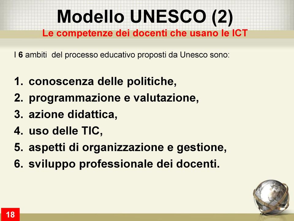 programmazione e valutazione, 3. azione didattica, 4. uso delle TIC, 5.