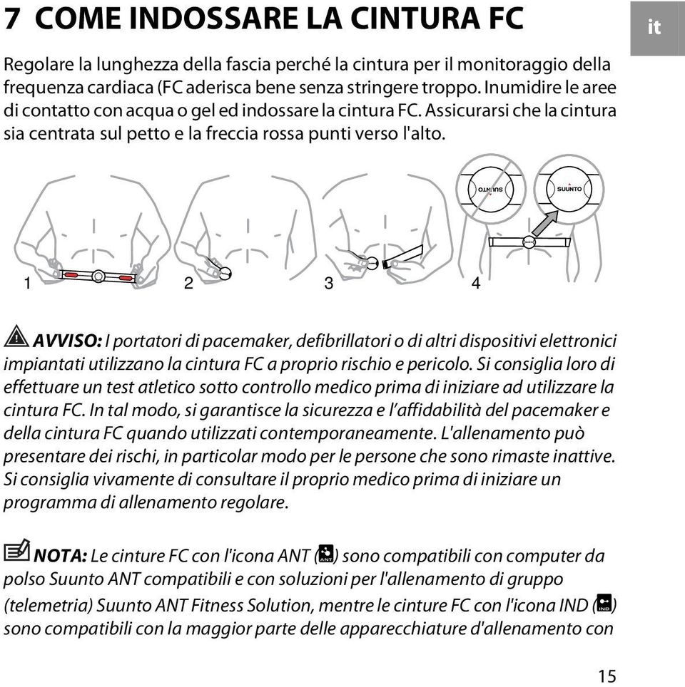 it 1 2 3 4 AVVISO: I portatori di pacemaker, defibrillatori o di altri dispositivi elettronici impiantati utilizzano la cintura FC a proprio rischio e pericolo.