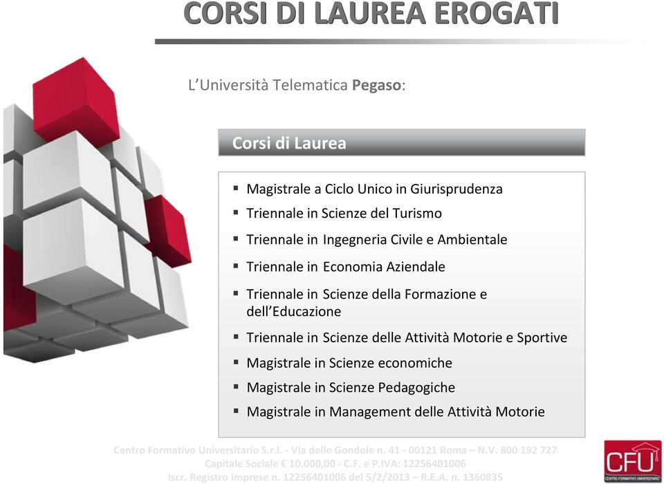 Sportive Magistrale in Scienze economiche Magistrale in Scienze Pedagogiche Magistrale in Management delle Attività Motorie Centro Formativo Universitario S.r.l. Via delle Gondole n.